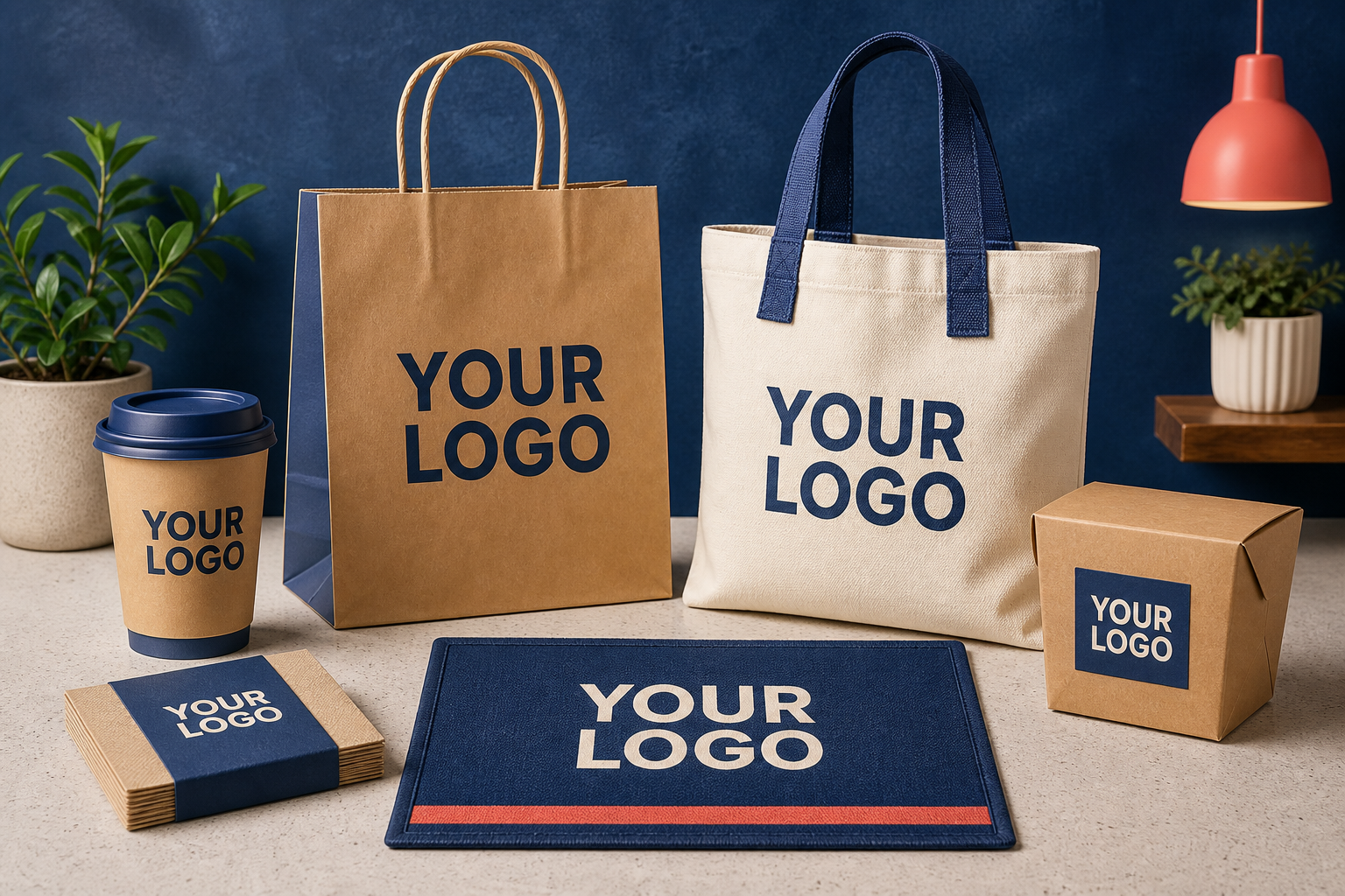 Six custom café products, each printed with YOUR LOGO