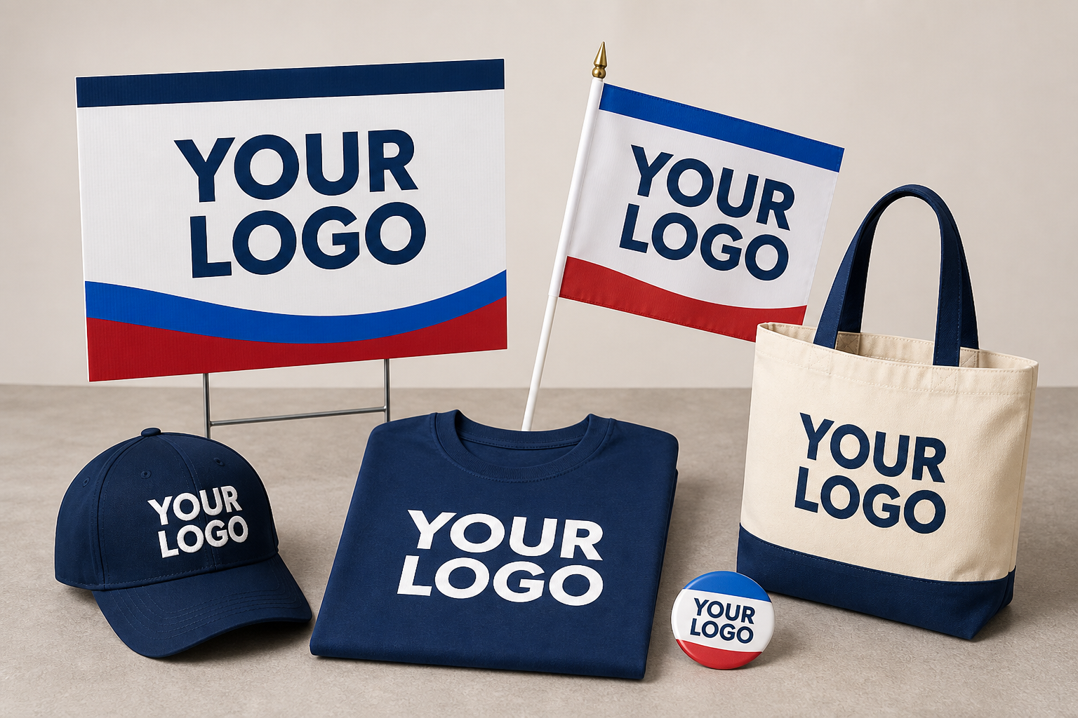 Six neutral custom campaign products, each printed with YOUR LOGO