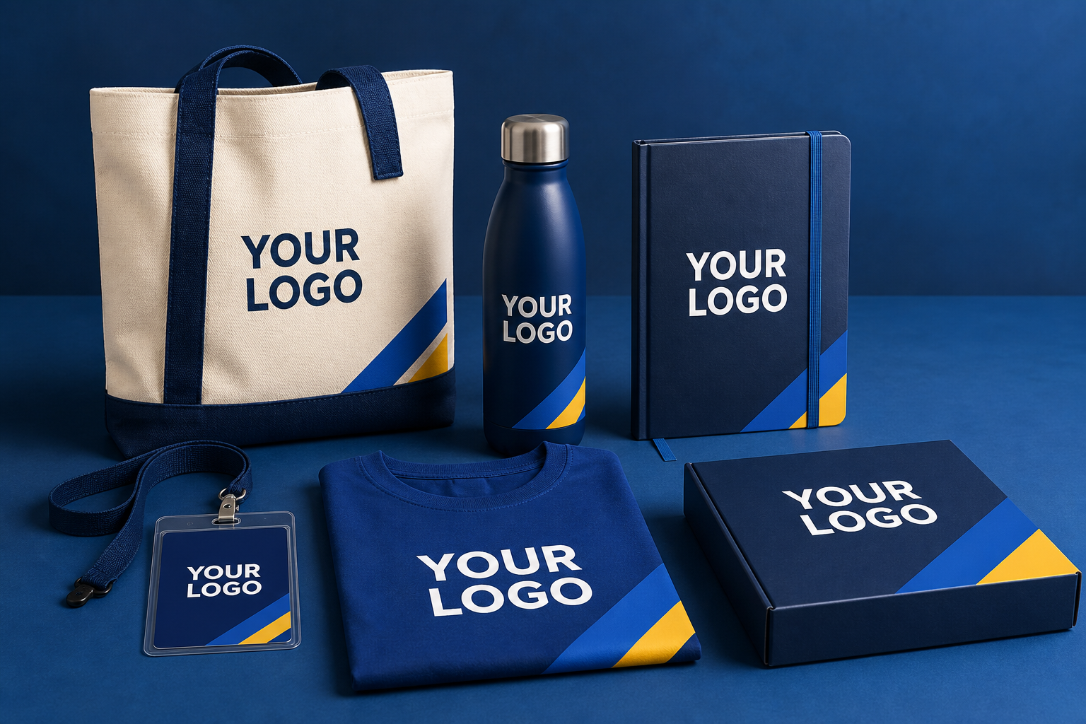 Six custom corporate event products, each printed with YOUR LOGO