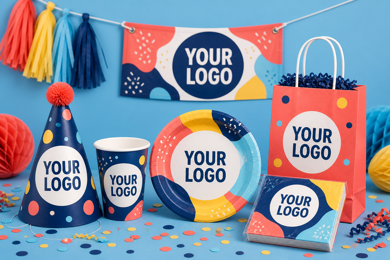 Six custom party products, each printed with YOUR LOGO