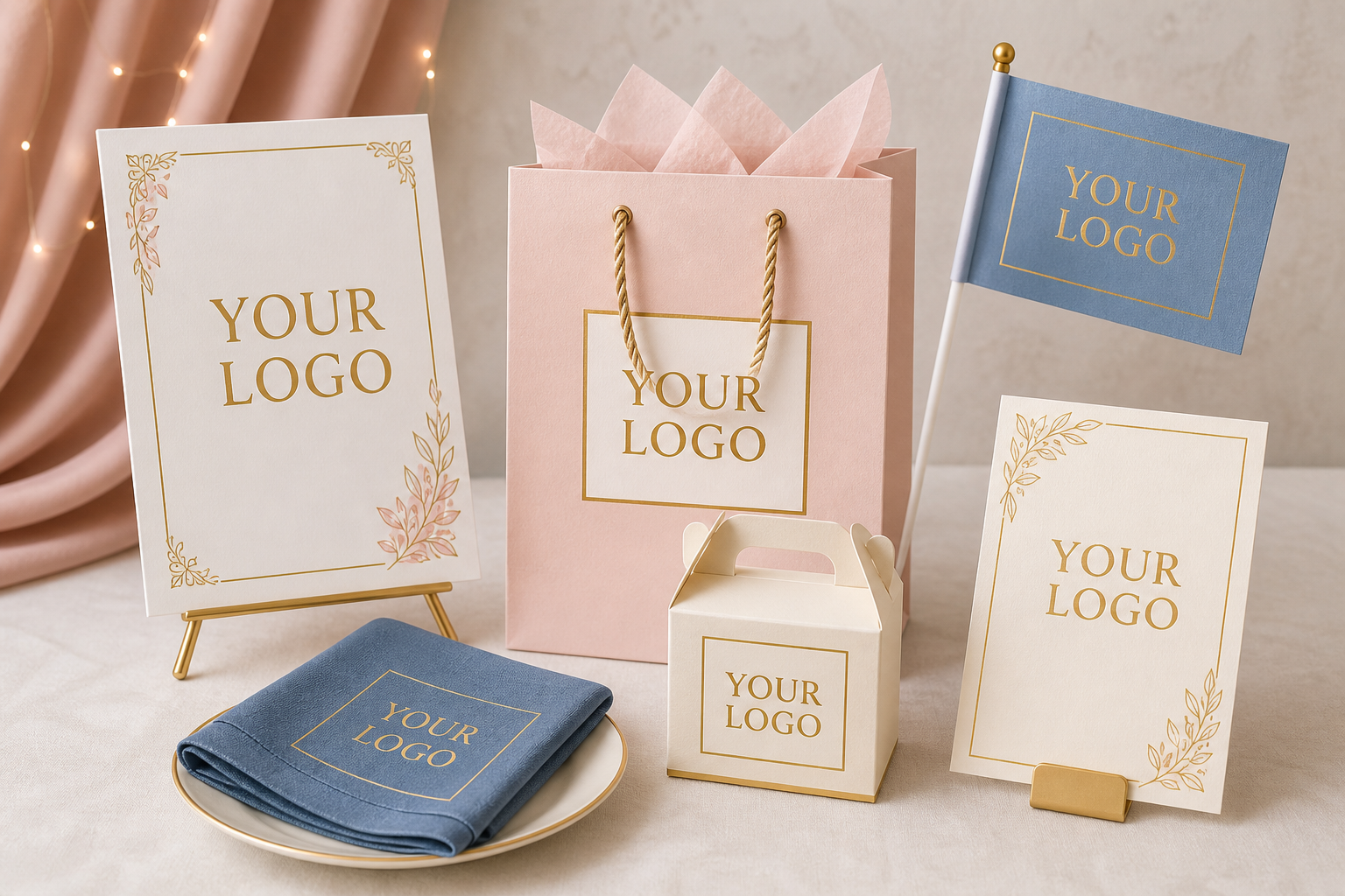 Six custom wedding products, each printed with YOUR LOGO
