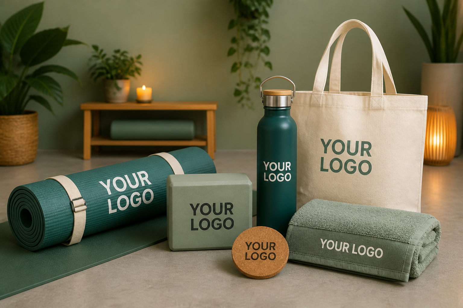 Six custom yoga and fitness products, each printed with YOUR LOGO