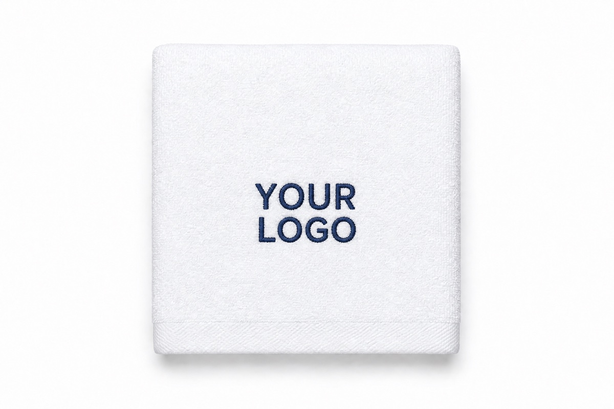 Single white hotel towel embroidered with YOUR LOGO