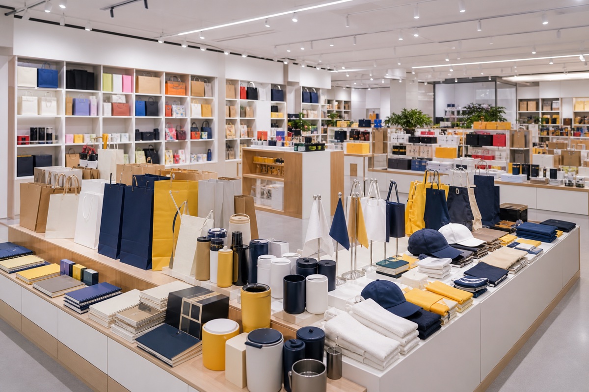 Generated concept view of a multi-category Yiwu custom goods showroom