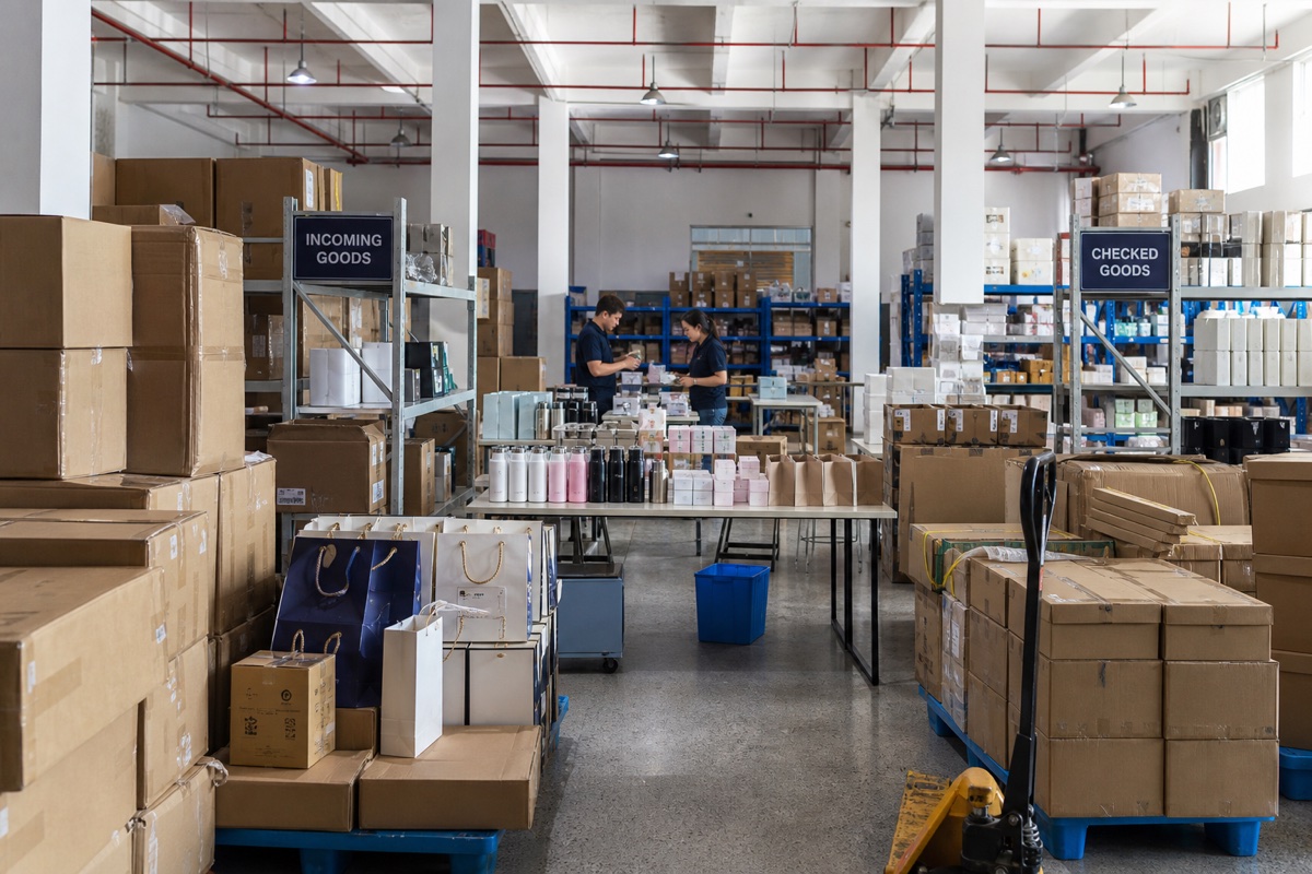 Generated concept view of a Yiwu checking and consolidation warehouse